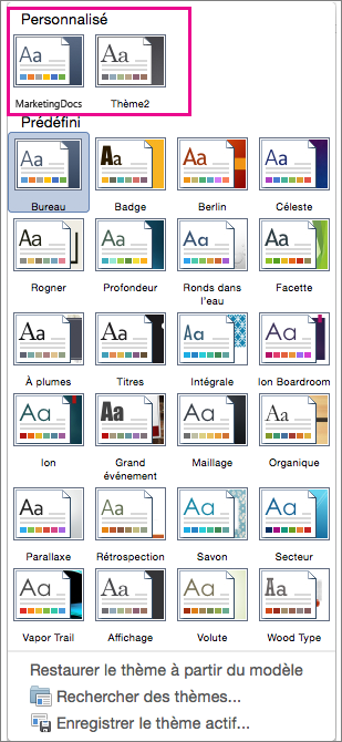 Le menu Thèmes affiche des thèmes prédéfinis et personnalisés