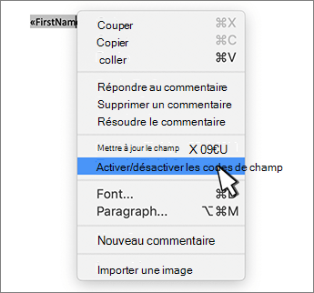 Activer/désactiver les codes de champ dans le menu contextuel sélectionné