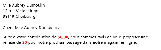 Document de fusion et publipostage qui lit votre contribution de 50,00 et vous offre une remise de 20.