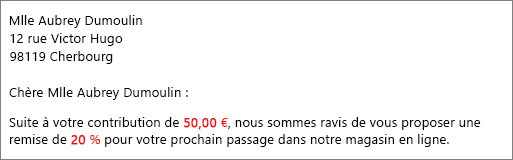 Le document des résultats de fusion et publipostage lit votre contribution de 50,00 $ et vous offre une remise de 20 %.
