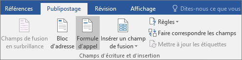 Dans le cadre de Word publipostage, sous l’onglet Publipostage, dans le groupe Écrire & Insérer des champs, choisissez Ligne d’accueil.