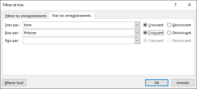 Dans le cadre d’un publipostage effectué dans Word, sélectionnez Modifier la liste de destinataires, puis sous Affiner la liste de destinataires, sélectionnez Trier.