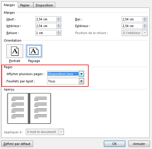Dans l’onglet Marges, sous Pages, sélectionnez le paramètre « Disposition Livre » dans « Afficher plusieurs pages : ». Orientation modifiée en Paysage.