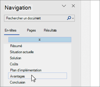 Word sélection de la page du volet de navigation