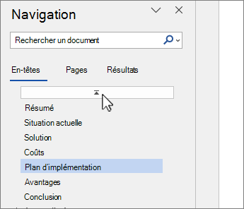 volet navigation Word en haut de la sélection du document