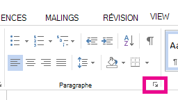 Vous pouvez ouvrir la boîte de dialogue Paragraphe en cliquant sur l’icône Développer.