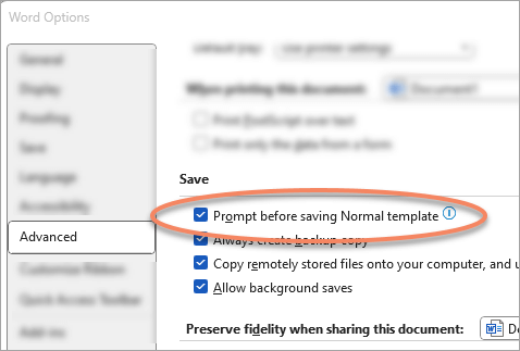 Boîte de dialogue Options avancées avec le paramètre Invite d’enregistrement du modèle Normal mis en surbrillance.