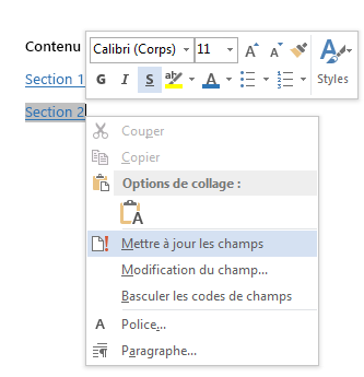 Menu contextuel pour une référence de signet
