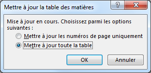 Boîte de dialogue Mettre à jour la table des matières