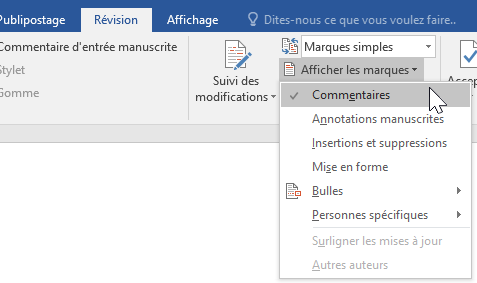 Affichage des options de marquage dans l’onglet Révision