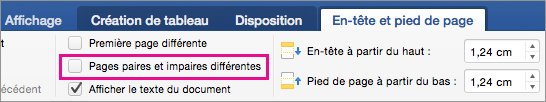 Les pages impaires et paires différentes sont en hautlighed sous l’onglet En-têtes & Pieds de page