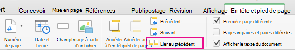Cliquez sur Lier au précédent pour choisir de lier ou non l’en-tête ou le pied de page à celui de la section précédente.