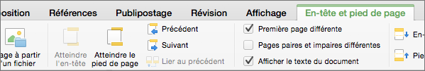 Lorsque vous double-cliquez dans une zone d’en-tête ou de pied de page, Word affiche l’onglet En-tête & Pied de page.