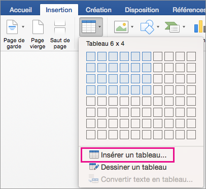 Insert Table is highlighted to create a custom table
