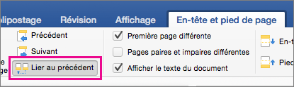 Sous l’onglet En-tête et pied de page, l’option Lier au précédent est mise en évidence