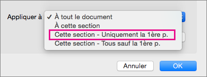 Menu Appliquer à avec l’option Première page uniquement mise en évidence