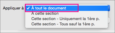 Option Totalité du document sélectionnée dans le menu Appliquer à
