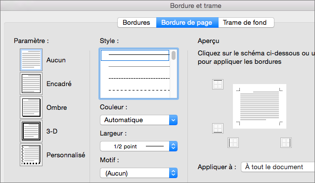 Sélectionner le style, la couleur et la largeur de la bordure de page