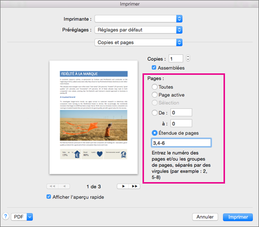 Boîte de dialogue d'impression avec la section Pages en évidence.