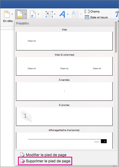 Dans le menu Pied de page, l’option Supprimer le pied de page est mise en évidence
