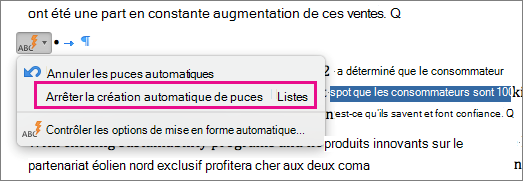Option permettant d’empêcher la création automatique de listes à puces mise en évidence