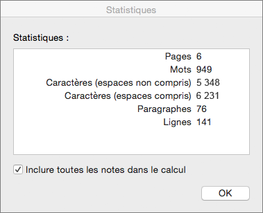 Boîte de dialogue Statistiques
