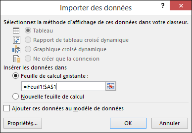 Dans la boîte de dialogue Importer des données, choisissez de placer les données dans une feuille de calcul existante (paramètre par défaut) ou dans une nouvelle feuille de calcul
