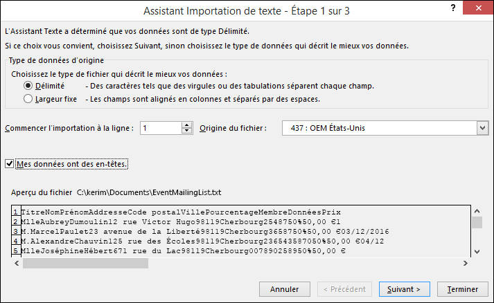 Excel - Obtenir des données externes à partir de texte, Assistant Importation de texte, étape 1 sur 3