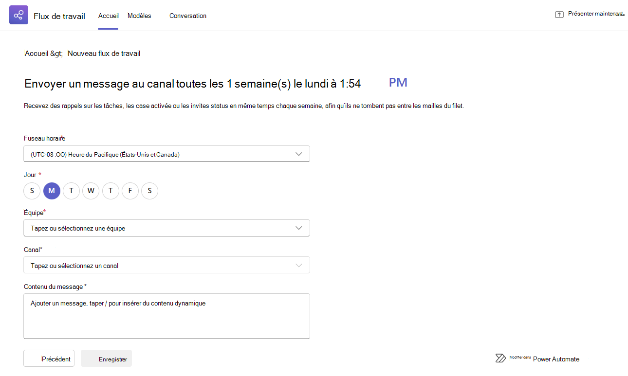 Modèle Automatiser les messages et les mises à jour