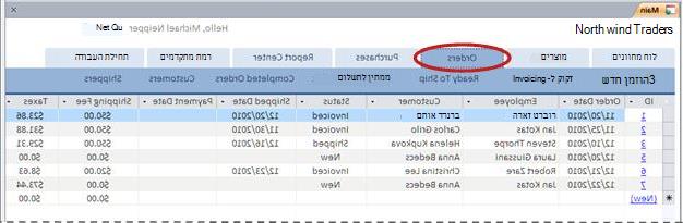 תבנית 'סחורה' בכרטיסיה 'הזמנות'