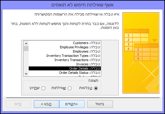 בחר טבלה או שאילתה המכילה את הרשומות הקשורות בתיבת הדו-שיח 'אשף שאילתת חיפוש של לא תואמים'