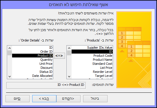 בחר את השדות המתאימים מתוך הטבלאות בתיבת הדו-שיח 'אשף שאילתת חיפוש של לא תואמים'