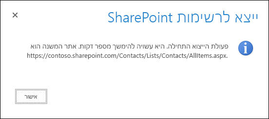 צילום מסך של ההודעה 'ייצוא לרשימות  SharePoint' עם לחצן 'אישור'.