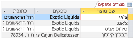 מקטע מסך של נתוני מוצרים וספקים
