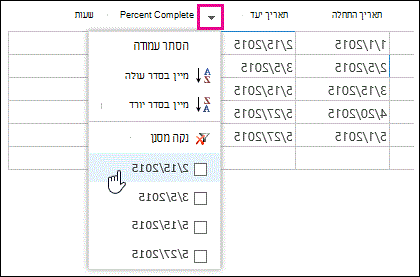 החלת מסנן על השדה 'תאריך יעד' של גליון נתונים.