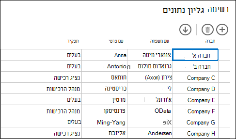 תצוגת גליון נתונים מציגה רשומות של לקוחות