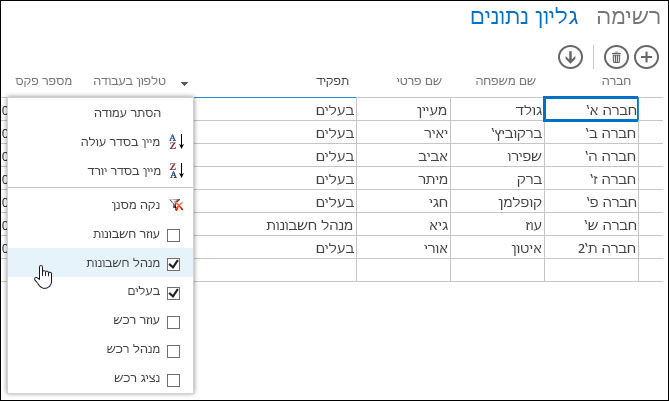 אפשרויות סינון עבור העמודה 'תפקיד' בגליון נתונים