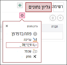 תפריט 'הגדרות' עם אפשרויות 'פתח בדפדפן', 'ערוך', 'שנה שם', 'שכפל' ו'מחק'