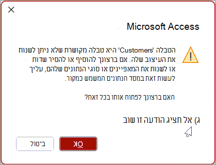 תיבת דו-שיח של אזהרה של Microsoft Access.
