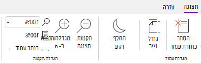 הקבוצה 'אפשרויות שינוי גודל תצוגה' ב- OneNote עבור Windows.