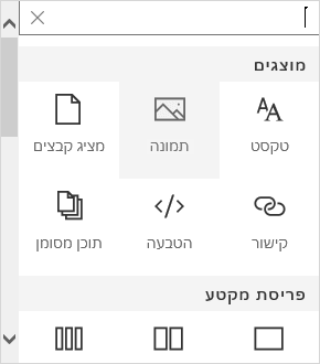 צילום מסך של בחירת Webpart של תמונה ב- Sharepoint.