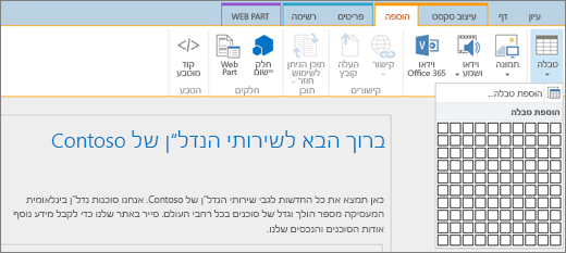 צילום מסך שמציג את רצועת הכלים של SharePoint Online. בחר את הכרטיסיה הוספה ולאחר מכן בחר הוסף טבלה כדי לציין את מספר השורות והעמודות עבור טבלה חדשה.