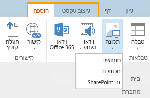 צילום מסך של רצועת הכלים של SharePoint Online. בחר את הכרטיסיה 'הוספה' ולאחר מכן בחר 'תמונה' כדי לבחור אם להעלות קובץ מהמחשב שלך, מכתובת אינטרנט או ממיקום SharePoint.