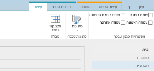 צילום מסך של רצועת הכלים של SharePoint Online. השתמש בכרטיסיה 'עיצוב' כדי לבחור תיבות סימון עבור שורת כותרת עליונה, שורת כותרת תחתונה, עמודה ראשונה ועמודה אחרונה בטבלה, וכן כדי לבחור מתוך סגנונות טבלה ולציין אם הטבלה משתמשת בקווי רשת.