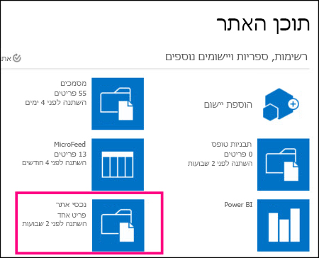 הדף 'תוכן אתר' באתר פשוט ב- SharePoint Online, שבו האריח 'נכסים של אתר' מסומן