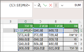 צילום מסך של Excel המציג תא D2 עם נוסחת הסכום האוטומטי האופקית =SUM(B2:C2).