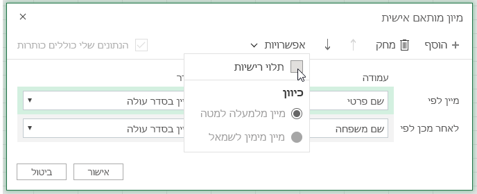תיבת הדו-שיח 'מיון מותאם אישית' כאשר האפשרות 'תלוי רישיות' נבחרת