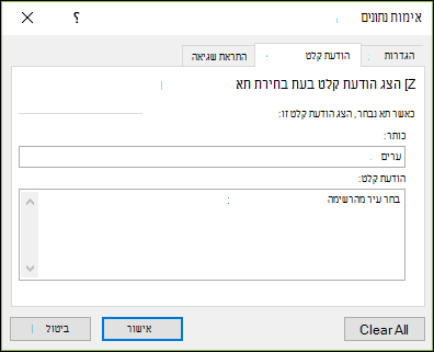 האפשרות 'הודעת קלט' תחת 'אימות נתונים'