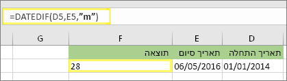 =DATEDIF(D5,E5,m) ותוצאה: 28