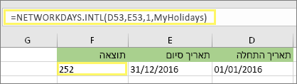 =NETWORKDAYS. INTL(D53,E53,1,MyHolidays) ותוצאה: 252